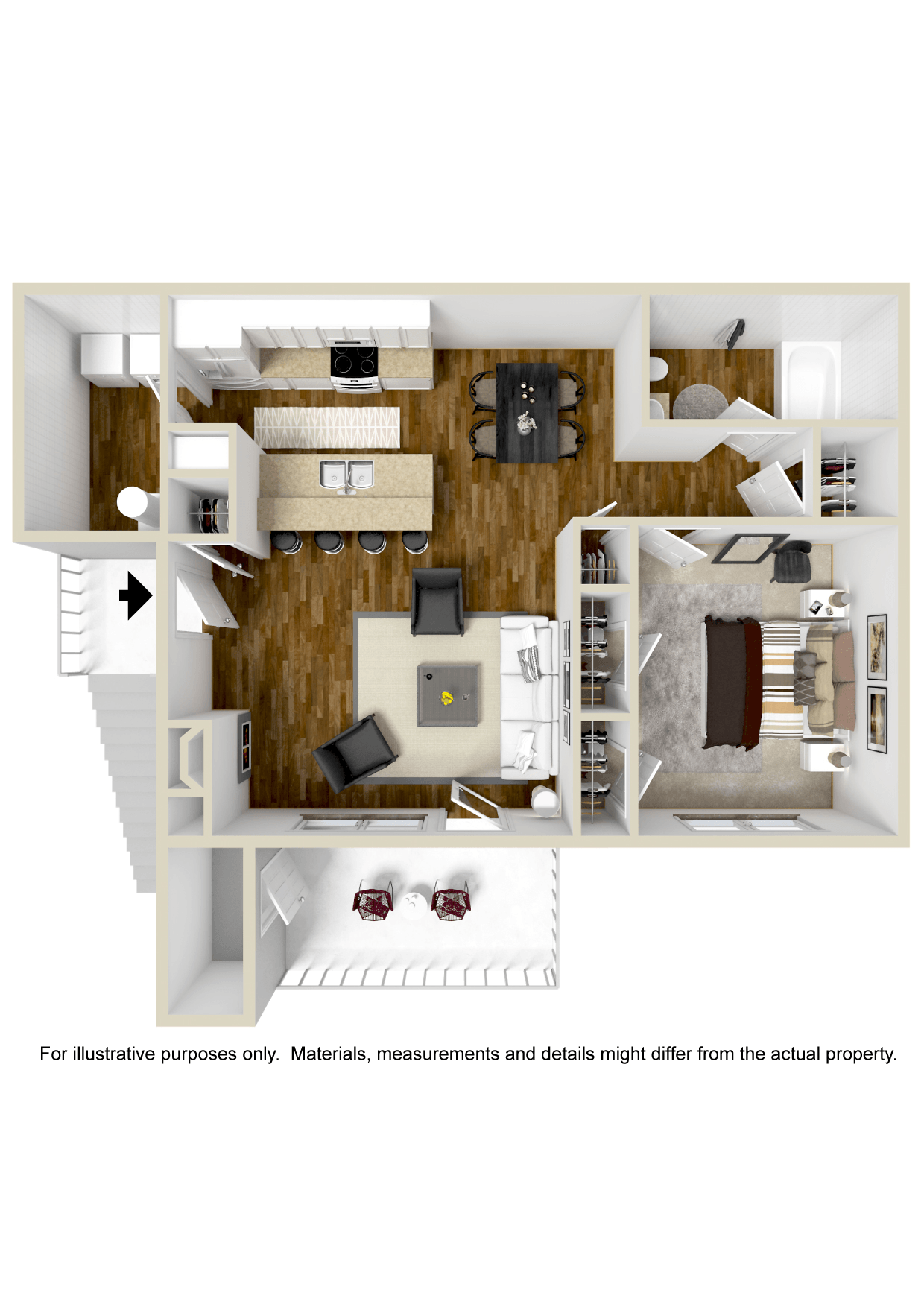 Floor plan for 1 bed, 1 bath, 846 sqft